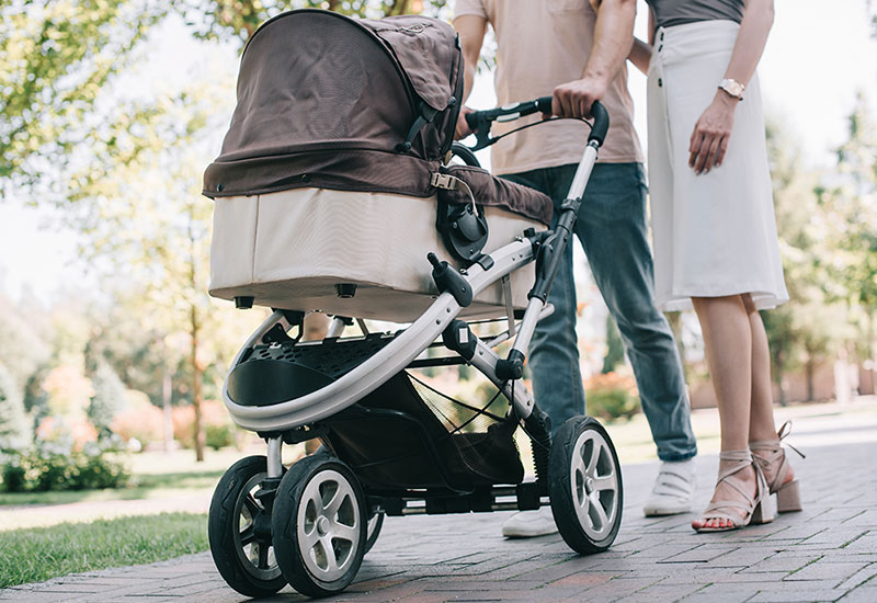 Baby stroller textile from recycled fabric.